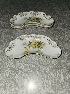 Floral Crescent Bone China Dish - White with Yellow and Green Flowers, Gold Trim